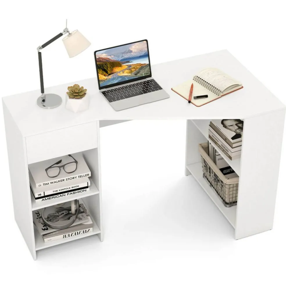 Costway L Shaped Computer Desk with Drawer & Storage Shelves for Home Office Workstation