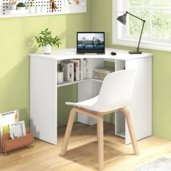 Costway L-Shaped Computer Desk with Storage Shelves Adjustable Shelf for Home Office Natural/White
