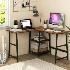 Costway L Shaped Corner Computer Desk Study Table w/Storage Shelves Black/Rustic Brown