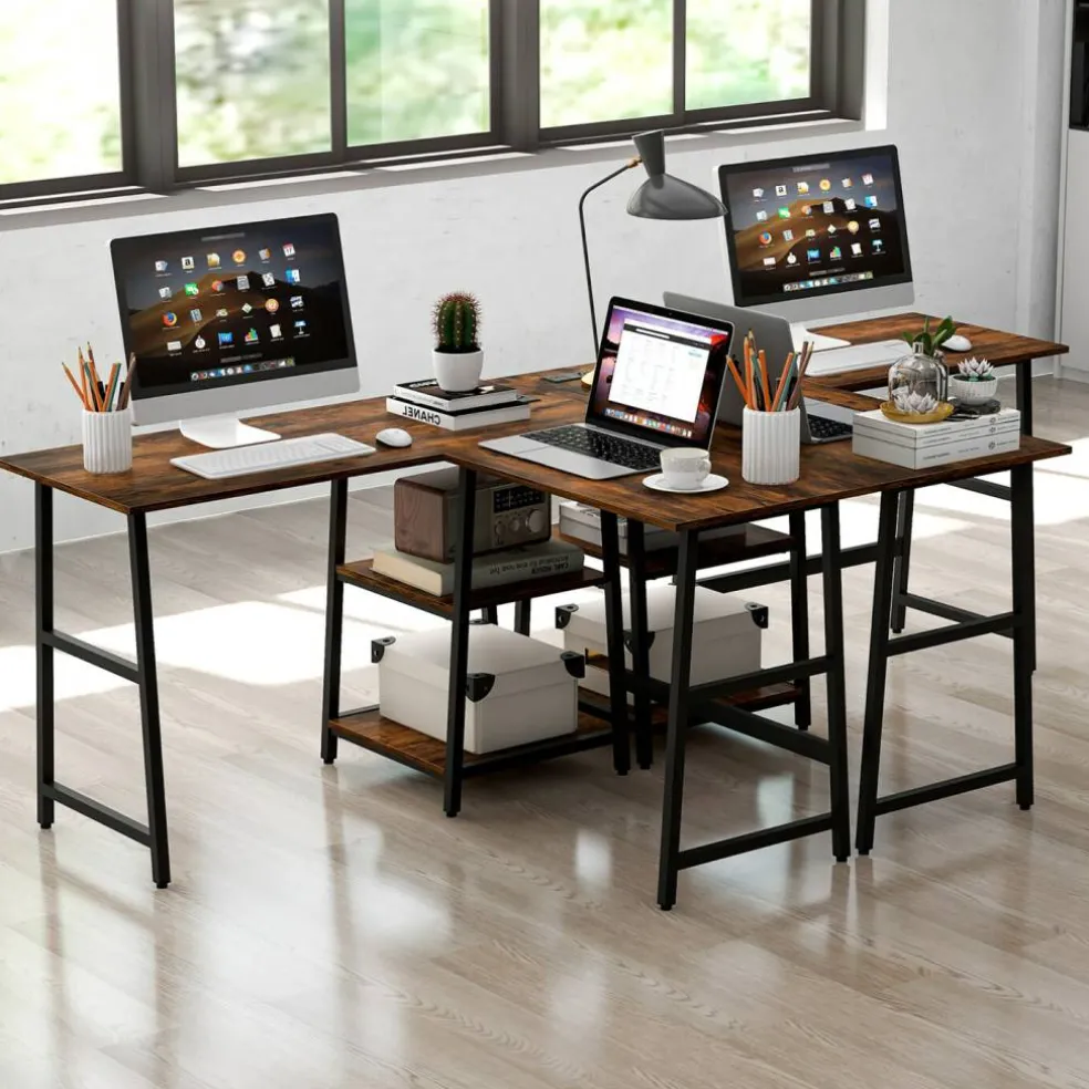Costway L Shaped Corner Computer Desk Study Table w/Storage Shelves Black/Rustic Brown