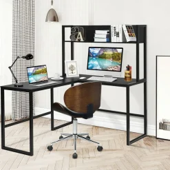 Costway 55'' L-Shaped Desk Corner Computer Desk w/Hutch Black