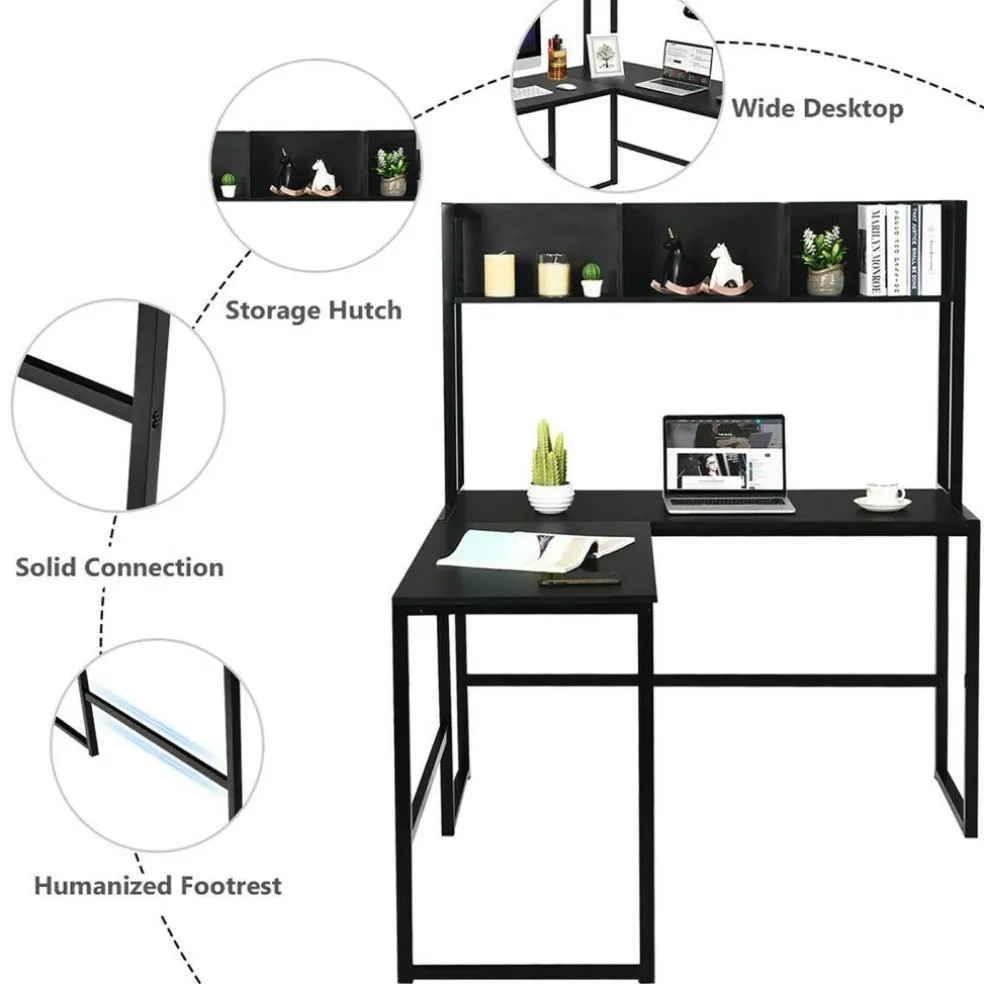 Costway 55'' L-Shaped Desk Corner Computer Desk w/Hutch Black