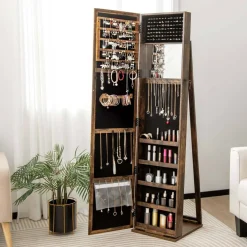 Costway Mirrored Jewelry Cabinet Armoire Lockable Standing Storage Organizer with Shelf Black/White/Coffee/Dark Brown