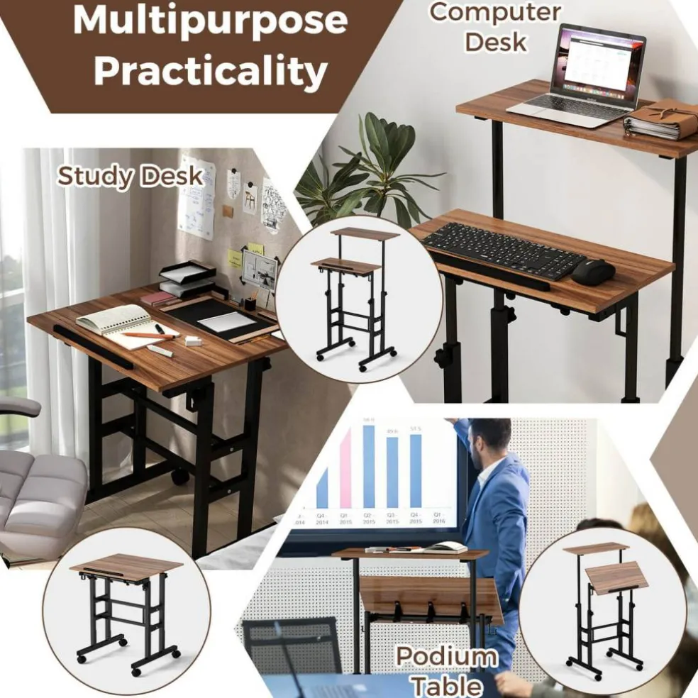 Costway Mobile Standing Desk Rolling Adjustable Laptop Cart Home Office Walnut/Natural/White