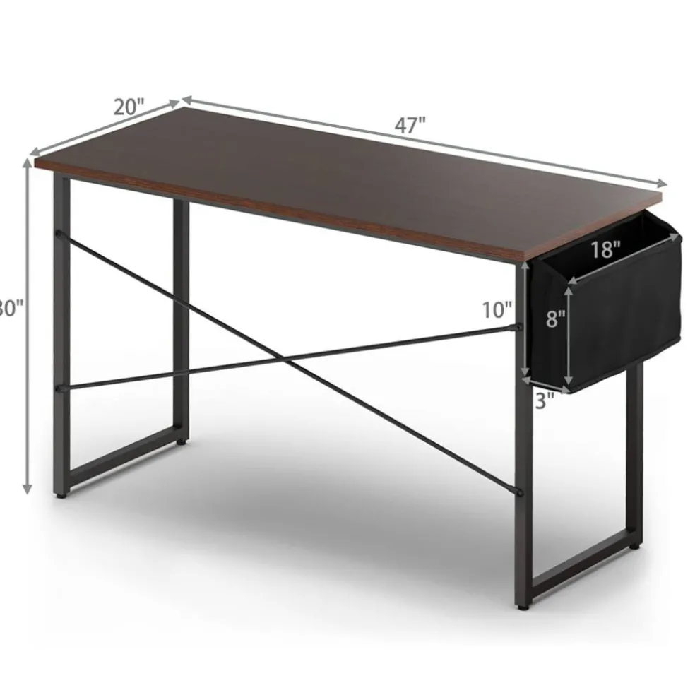 Costway Modern Computer Desk 47'' Study Writing Table w/ Storage Bag Coffee Black/Brown/Coffee