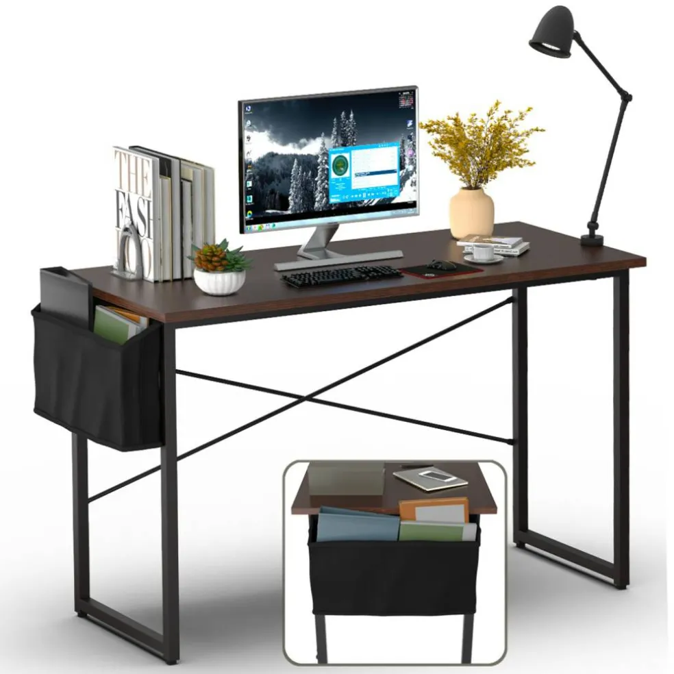 Costway Modern Computer Desk 47'' Study Writing Table w/ Storage Bag Coffee Black/Brown/Coffee