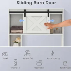 Costway Over the Toilet Bathroom Storage Cabinet with Sliding Barn Door & Shelves White