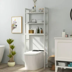 Costway Over-The-Toilet Storage Shelf Space Saving Metal Bathroom Organizer Hooks Grey/White/Brown