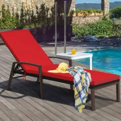 Costway Patio Rattan Lounge Chair Chaise Recliner Back Adjustable Cushioned Outdoor Red