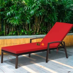 Costway Patio Rattan Lounge Chair Chaise Recliner Back Adjustable Cushioned Outdoor Red
