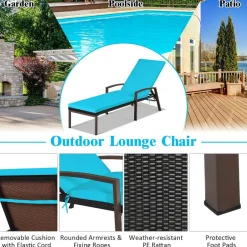 Costway Patio Rattan Lounge Chair Chaise Recliner Back Adjustable w/Cushion Turquoise