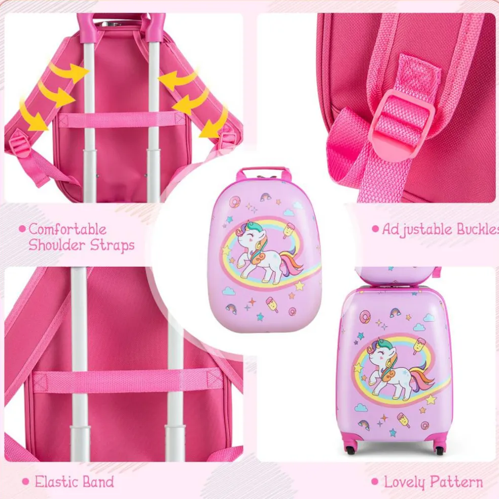 Costway 2PC Kids Carry On Luggage Set 12" Backpack and 16" Rolling Suitcase for Travel