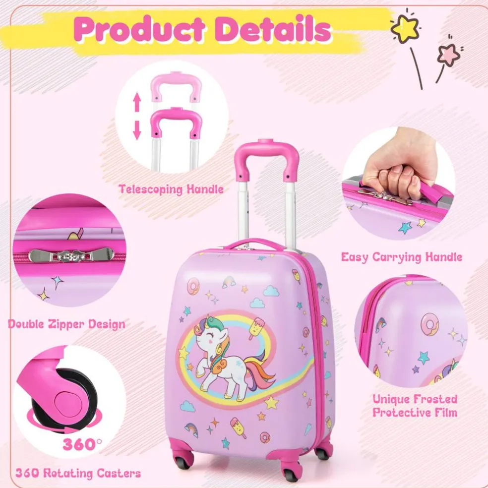 Costway 2PC Kids Carry On Luggage Set 12" Backpack and 16" Rolling Suitcase for Travel