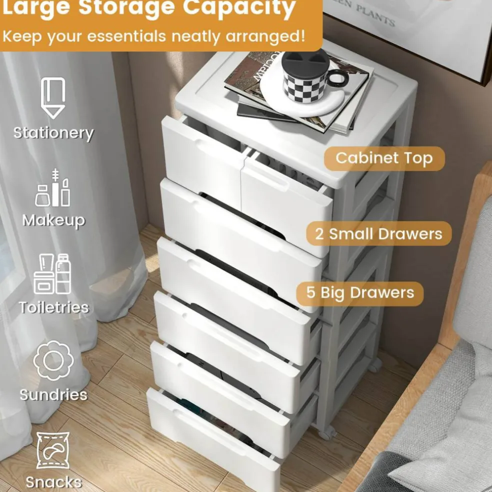 Costway 1/2 PCS 5-Drawer Plastic Rolling Storage Cart with 4 Universal Wheels Dresser Cabinet
