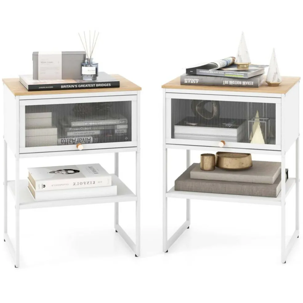 Costway 1/2 PCS Home Nightstand 3-Tier Storage Table with Open Shelf Heavy-duty Metal Frame