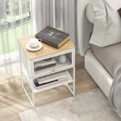 Costway 1/2 PCS Home Nightstand 3-Tier Storage Table with Open Shelf Heavy-duty Metal Frame