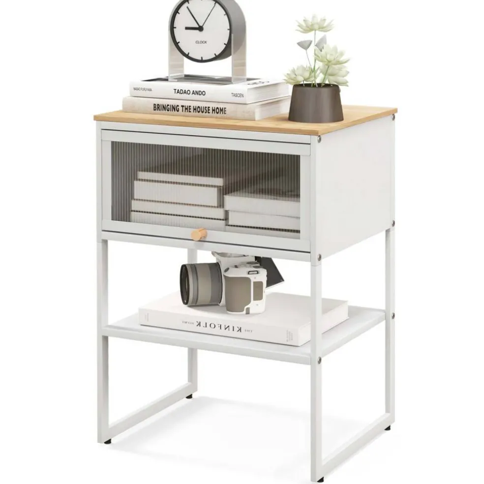 Costway 1/2 PCS Home Nightstand 3-Tier Storage Table with Open Shelf Heavy-duty Metal Frame