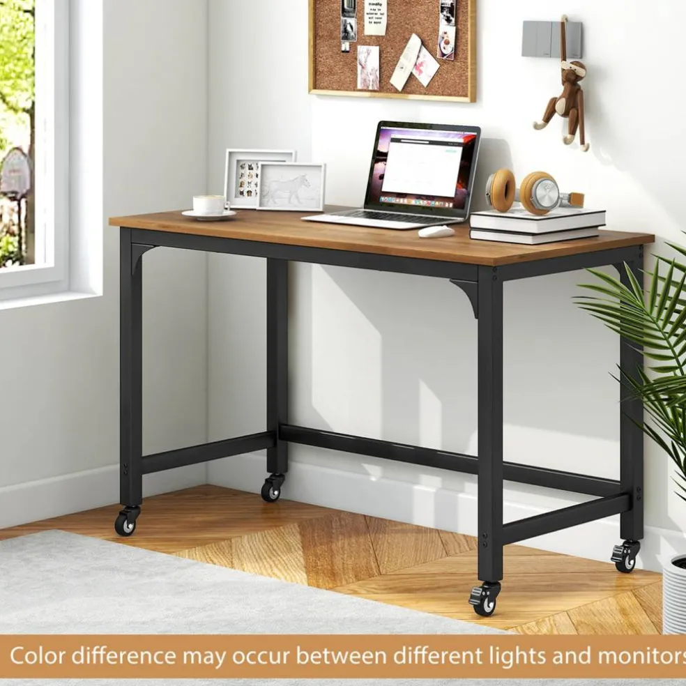 Costway48" Rolling Computer Desk Metal Frame PC Laptop Table Wood Top Study Workstation