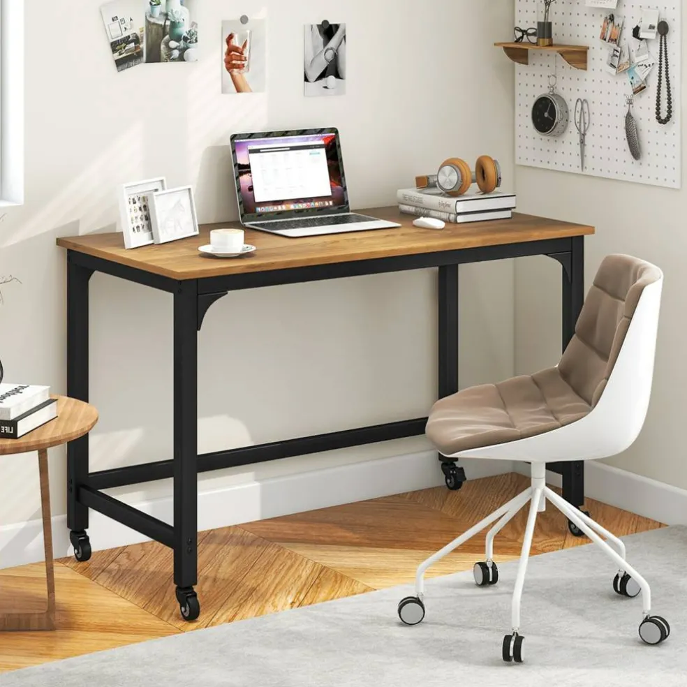 Costway48" Rolling Computer Desk Metal Frame PC Laptop Table Wood Top Study Workstation