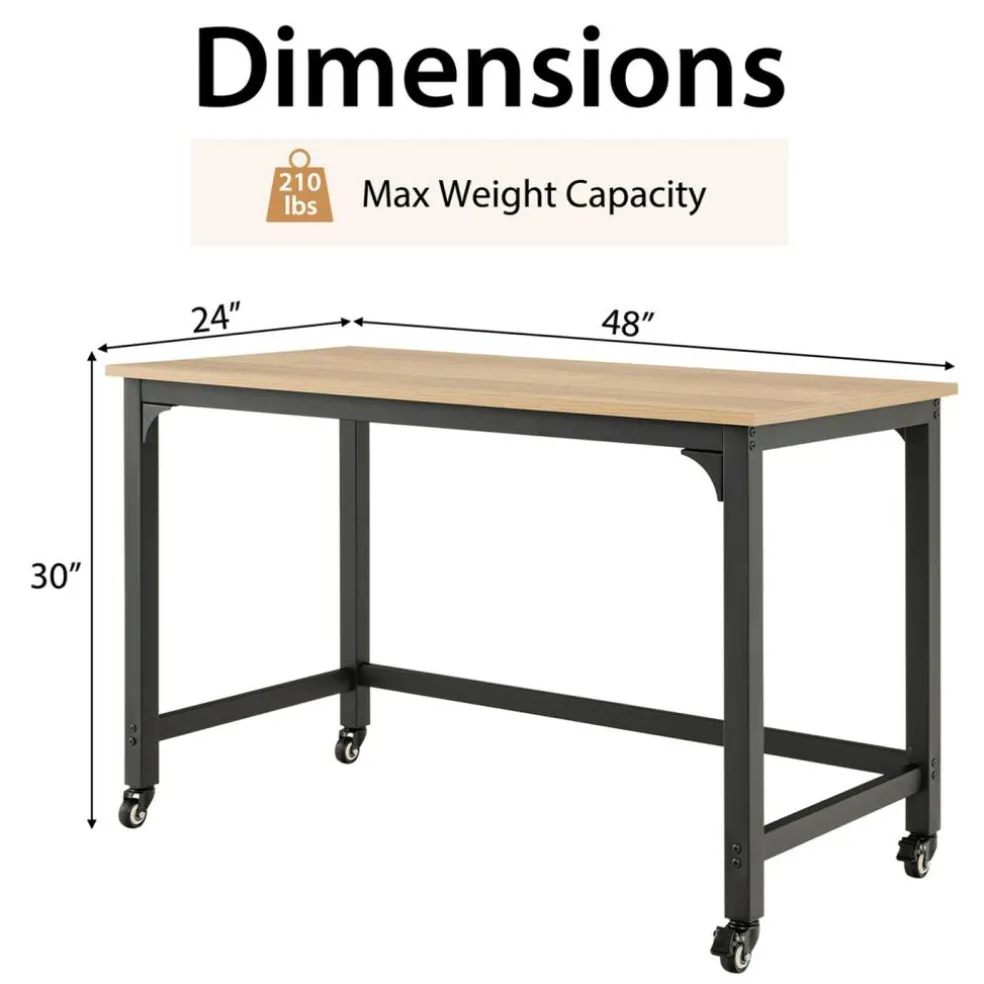 Costway48" Rolling Computer Desk Metal Frame PC Laptop Table Wood Top Study Workstation