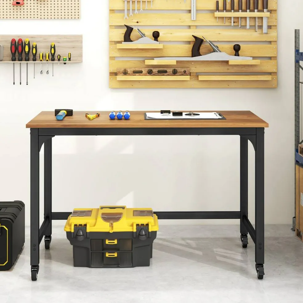 Costway48" Rolling Computer Desk Metal Frame PC Laptop Table Wood Top Study Workstation