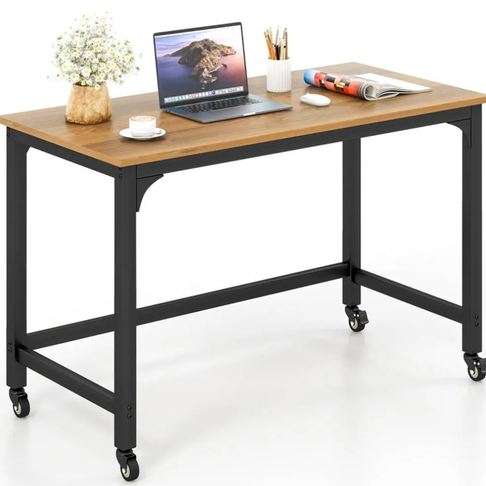 Costway48" Rolling Computer Desk Metal Frame PC Laptop Table Wood Top Study Workstation