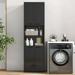 Costway 75" Tall Bathroom Storage Cabinet with 4 Doors & 2 Open Compartments Freestanding Black/White
