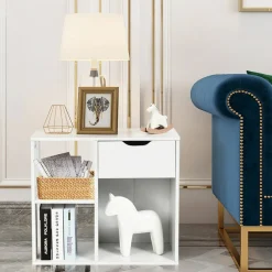 Costway 3-tier Side Table W/Storage Shelf&Drawer Space-saving Nightstand White
