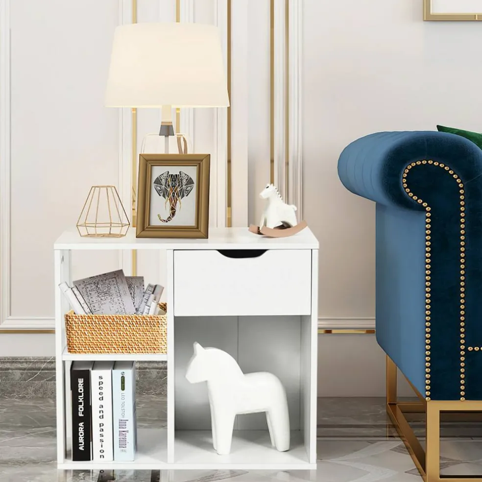 Costway 3-tier Side Table W/Storage Shelf&Drawer Space-saving Nightstand White