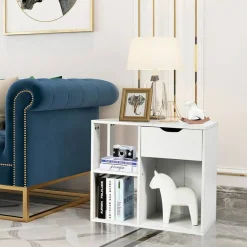 Costway 3-tier Side Table W/Storage Shelf&Drawer Space-saving Nightstand White