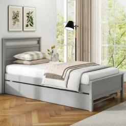 Costway Twin Size Platform Bed with Trundle Pull-out Trundle Headboard & Footboard Gray/White