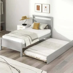 Costway Twin Size Platform Bed with Trundle Pull-out Trundle Headboard & Footboard Gray/White