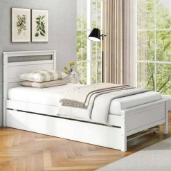 Costway Twin Size Platform Bed with Trundle Pull-out Trundle Headboard & Footboard Gray/White
