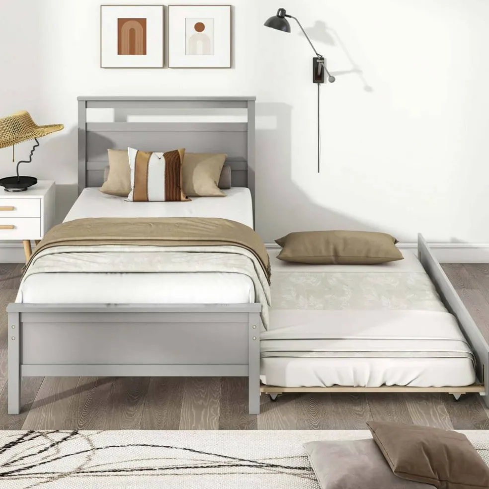 Costway Twin Size Platform Bed with Trundle Pull-out Trundle Headboard & Footboard Gray/White
