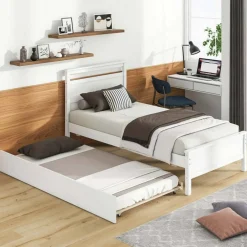 Costway Twin Size Platform Bed with Trundle Pull-out Trundle Headboard & Footboard Gray/White