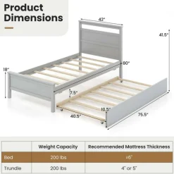 Costway Twin Size Platform Bed with Trundle Pull-out Trundle Headboard & Footboard Gray/White