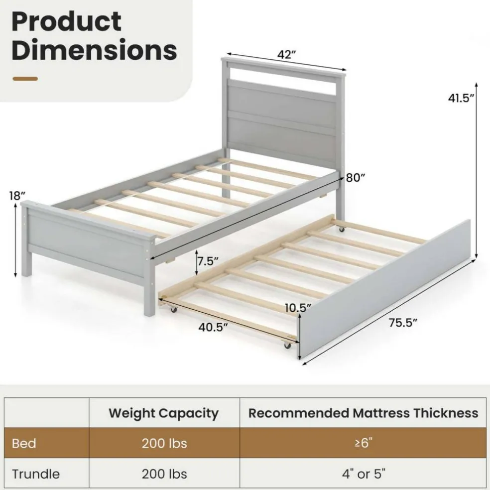Costway Twin Size Platform Bed with Trundle Pull-out Trundle Headboard & Footboard Gray/White