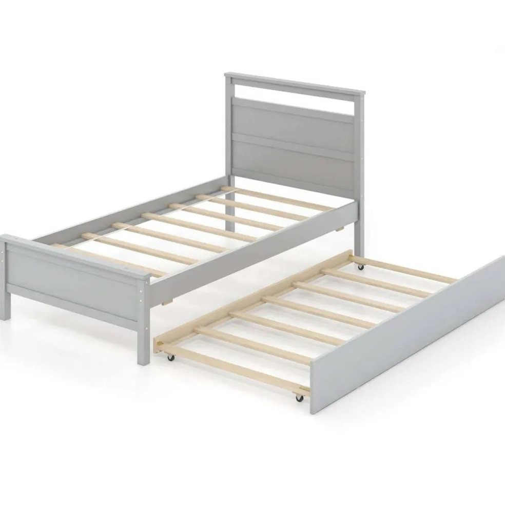 Costway Twin Size Platform Bed with Trundle Pull-out Trundle Headboard & Footboard Gray/White