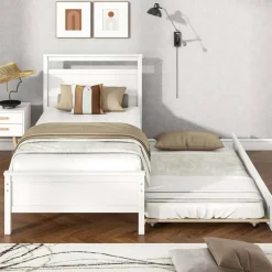 Costway Twin Size Platform Bed with Trundle Pull-out Trundle Headboard & Footboard Gray/White