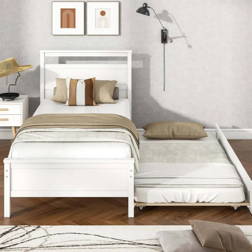 Costway Twin Size Platform Bed with Trundle Pull-out Trundle Headboard & Footboard Gray/White