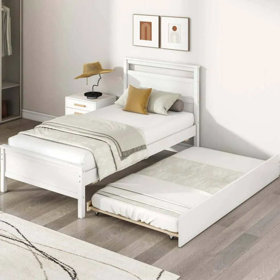 Costway Twin Size Platform Bed with Trundle Pull-out Trundle Headboard & Footboard Gray/White