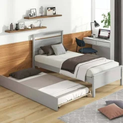 Costway Twin Size Platform Bed with Trundle Pull-out Trundle Headboard & Footboard Gray/White
