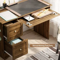 Costway Vintage Computer Desk Home Office Study Table Spacious Workstation with 3 Drawers Brown