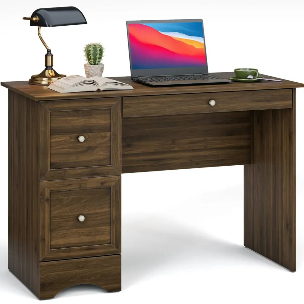 Costway Vintage Computer Desk Home Office Study Table Spacious Workstation with 3 Drawers Brown