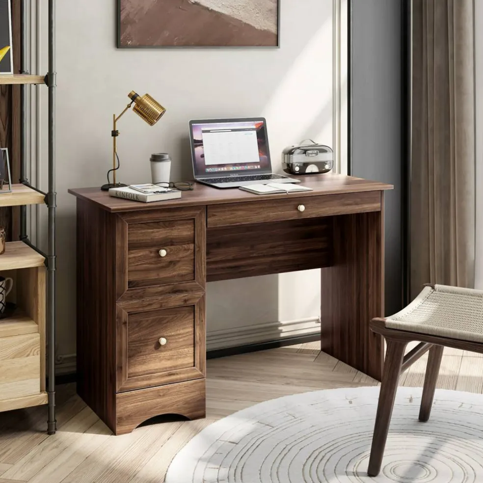 Costway Vintage Computer Desk Home Office Study Table Spacious Workstation with 3 Drawers Brown