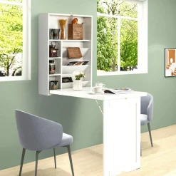 Costway Wall Mounted Computer Convertible Desk Floating Desk w/ Storage Bookcases White