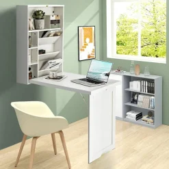 Costway Wall Mounted Computer Convertible Desk Floating Desk w/ Storage Bookcases White