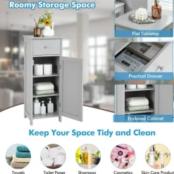 Costway Wooden Bathroom Floor Storage Cabinet Organizer w/ Drawer Adjustable Shelf BrownWhiteBlackGrey