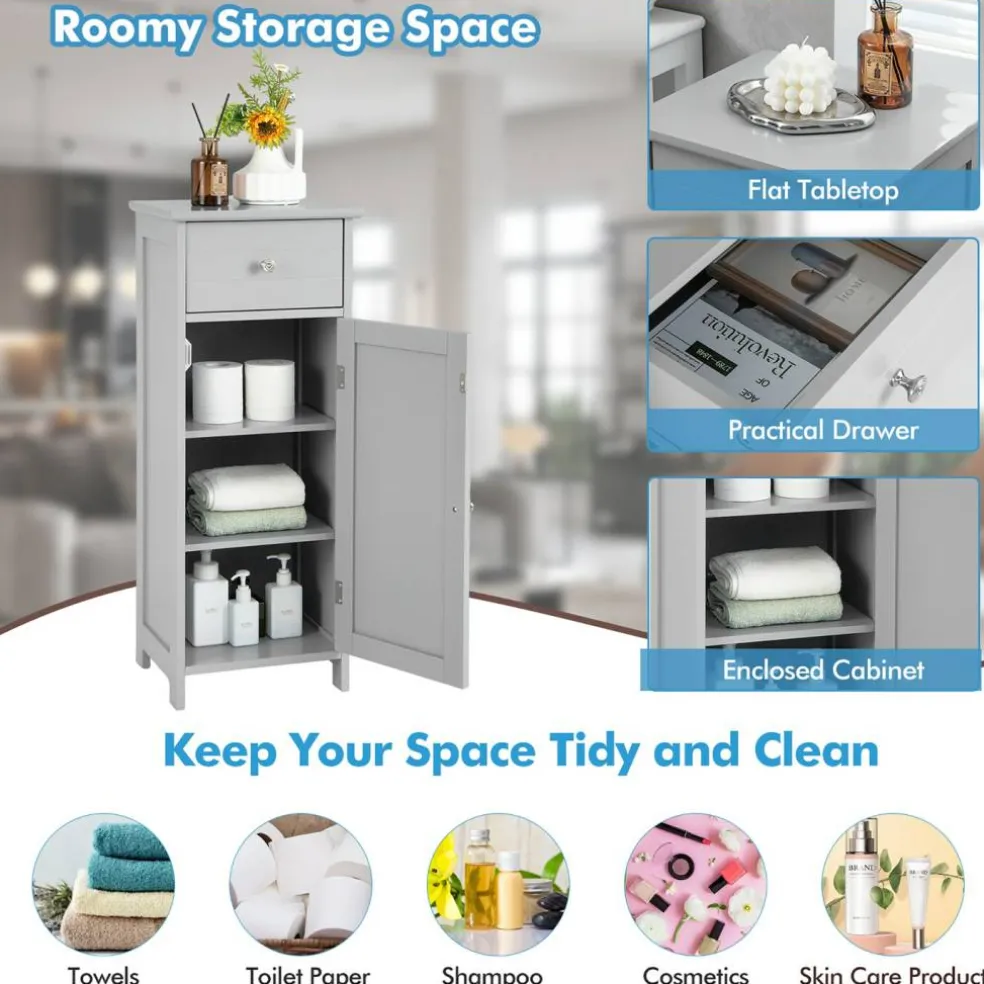 Costway Wooden Bathroom Floor Storage Cabinet Organizer w/ Drawer Adjustable Shelf BrownWhiteBlackGrey