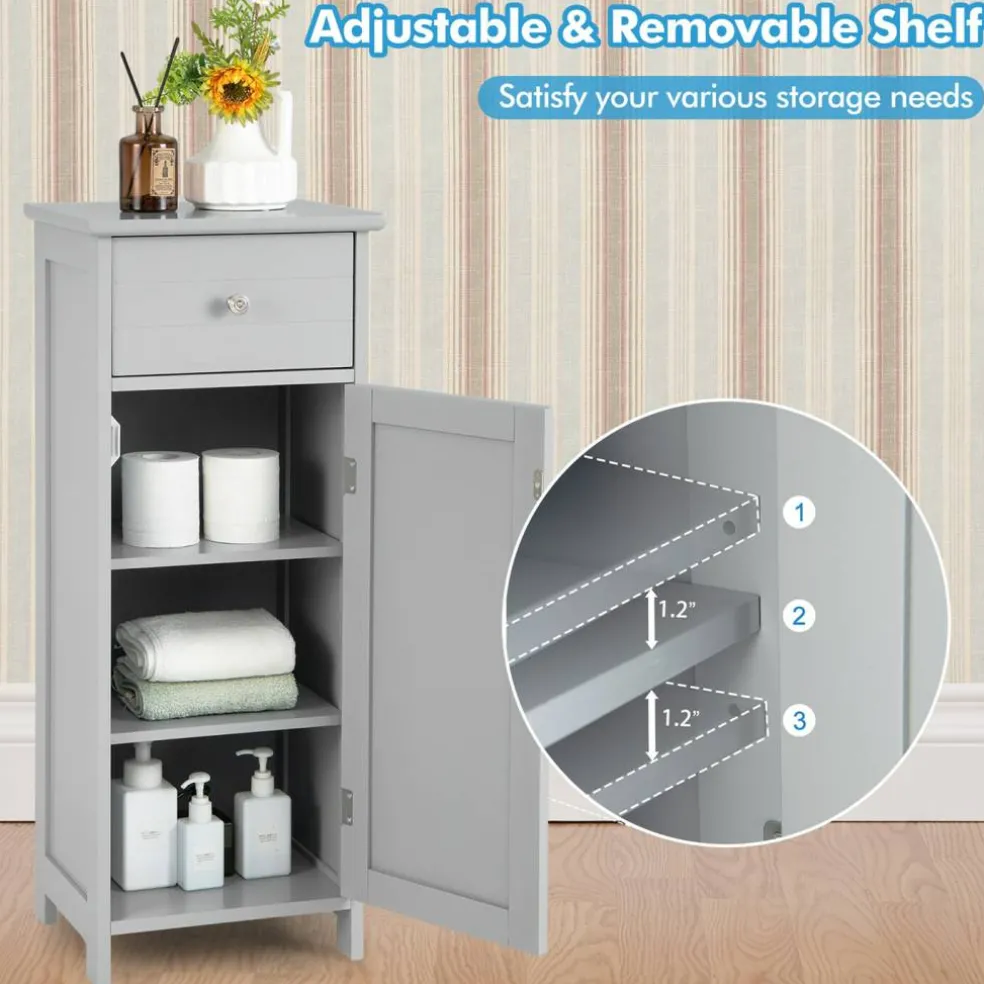 Costway Wooden Bathroom Floor Storage Cabinet Organizer w/ Drawer Adjustable Shelf BrownWhiteBlackGrey
